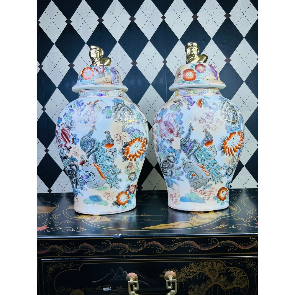 Vintage Chinoiserie Peacock Ginger Jars Gold Foo Dog Lid Pair 15.5" - Picture 10 of 17